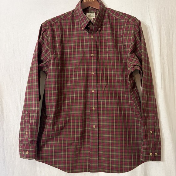 LL Bean Shirt Mens Medium Reg Red Checkered Long Sleeve Button Up Wrinkle Free - Picture 3 of 6